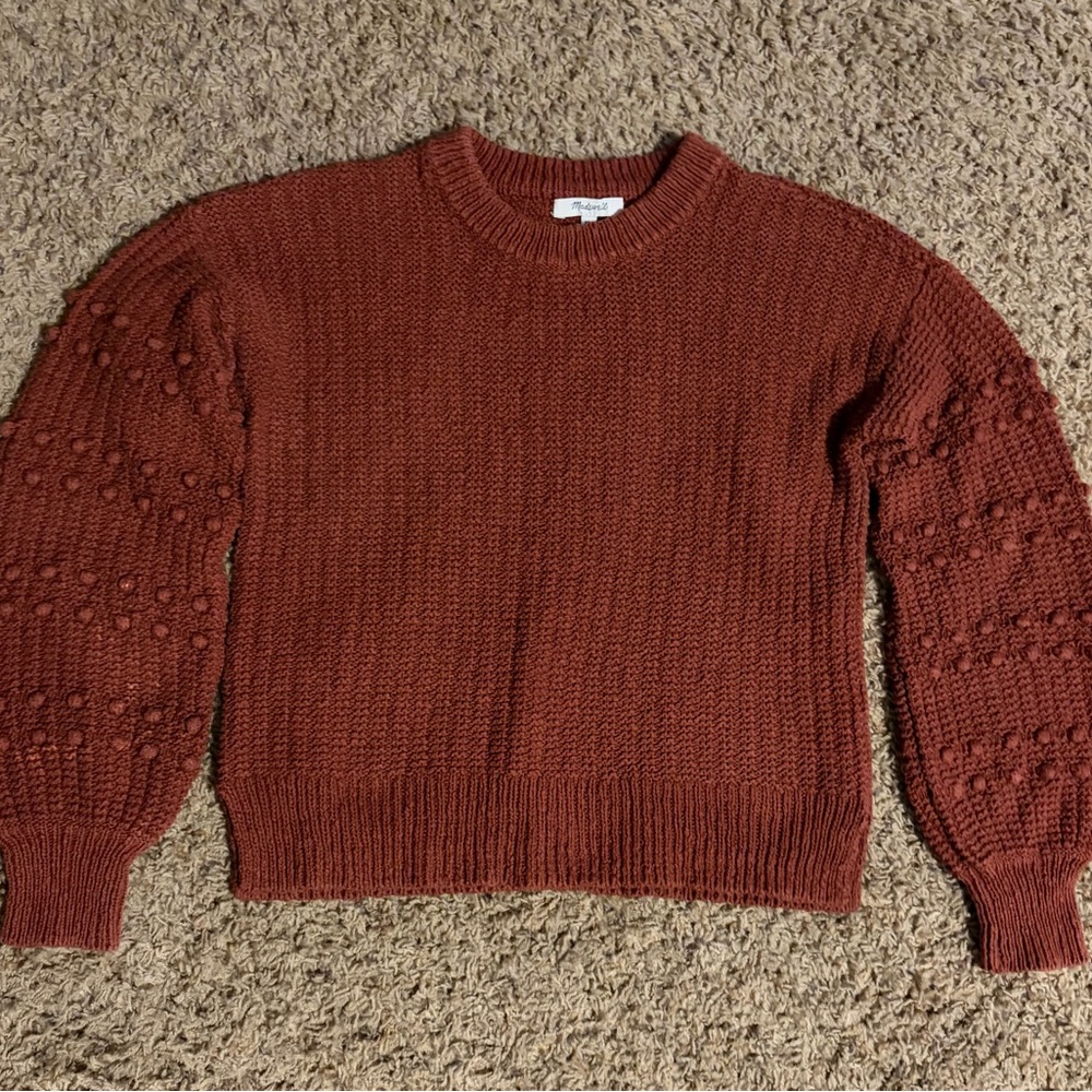 Madewell Rust Pom-Pom Sleeve Crewneck Sweater